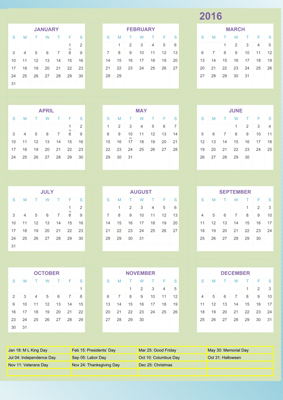 Сетка для вертикального календаря на 2016 год, вектор