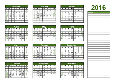 Сетка календарная на 2016 с графами для заметок, горизонтальная
