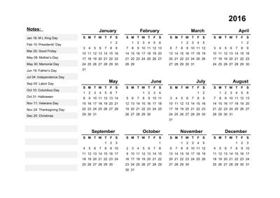 Сетка для календаря плаката на 2016 год, горизонтальная, вектор